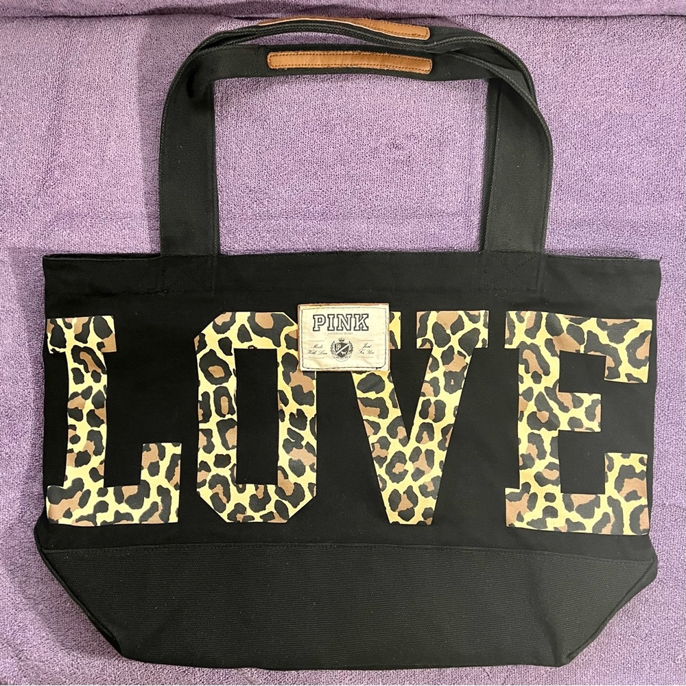 Victoria's Secret Black Canvas Tote with “PINK” and “LOVE” in Leopard Print, EUC